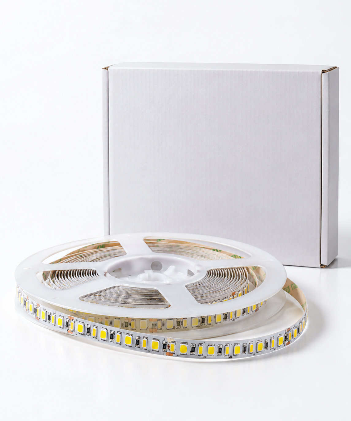 LED strip reel with product packaging on a white background