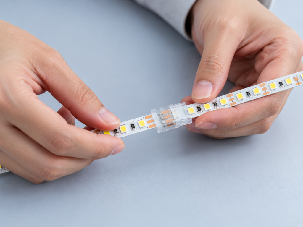 Hands fitting an LED strip into a matching connector