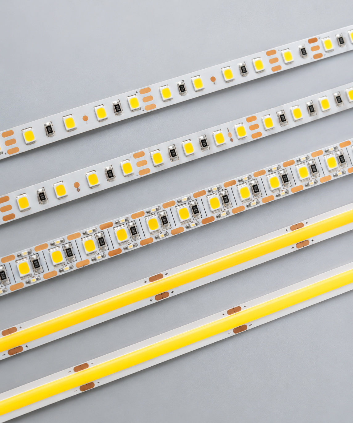 SMD and COB LED strip samples arranged in parallel