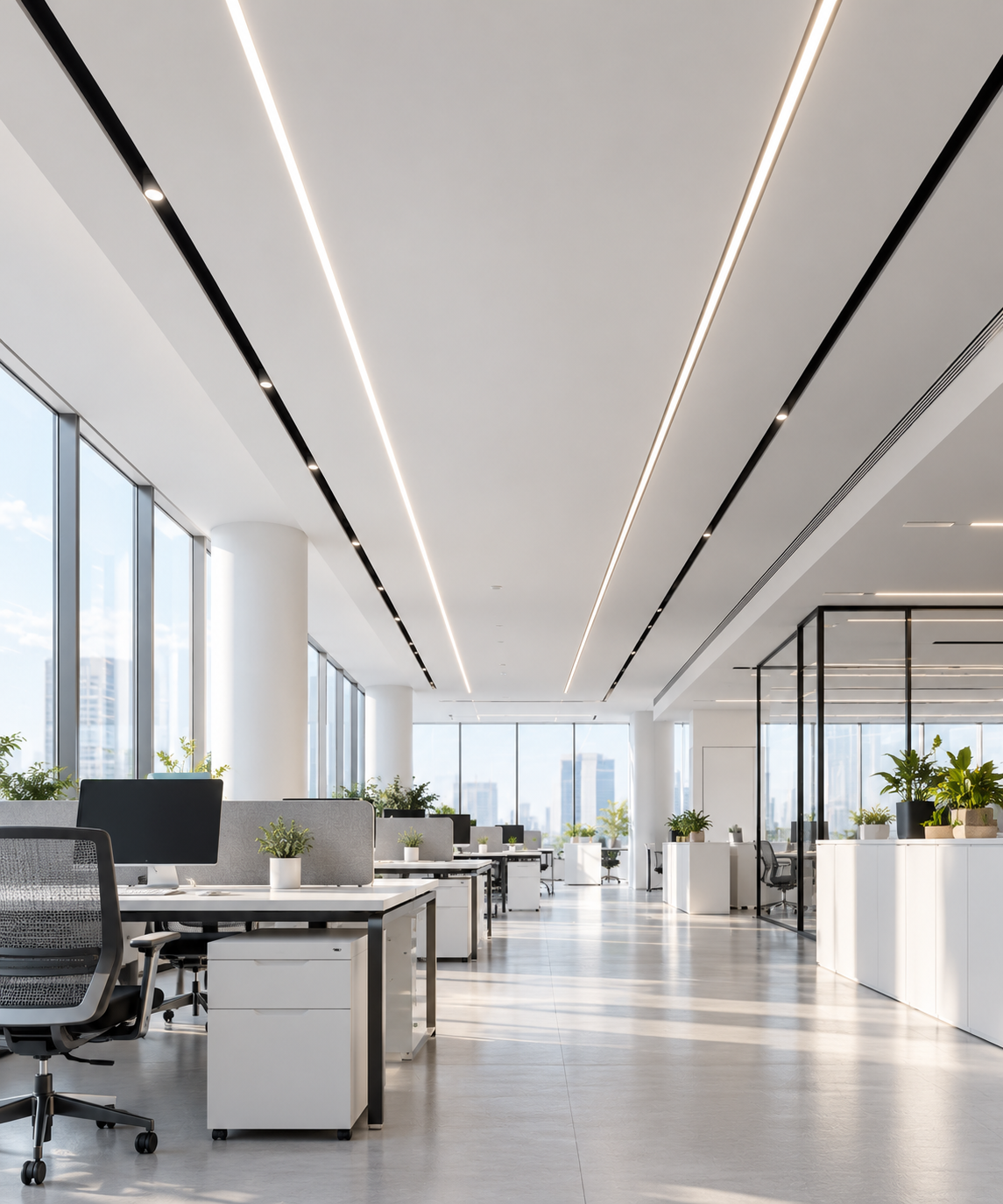 Illustration of linear ceiling lighting in a modern office