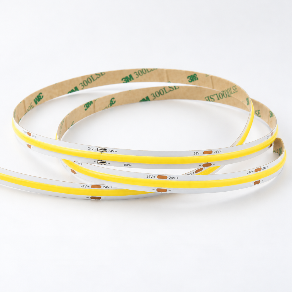 COB LED strip showing the continuous phosphor surface and cutting contacts