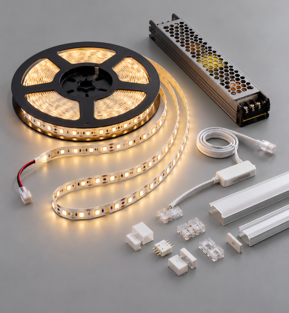 LED strip samples with matching power and connection accessories