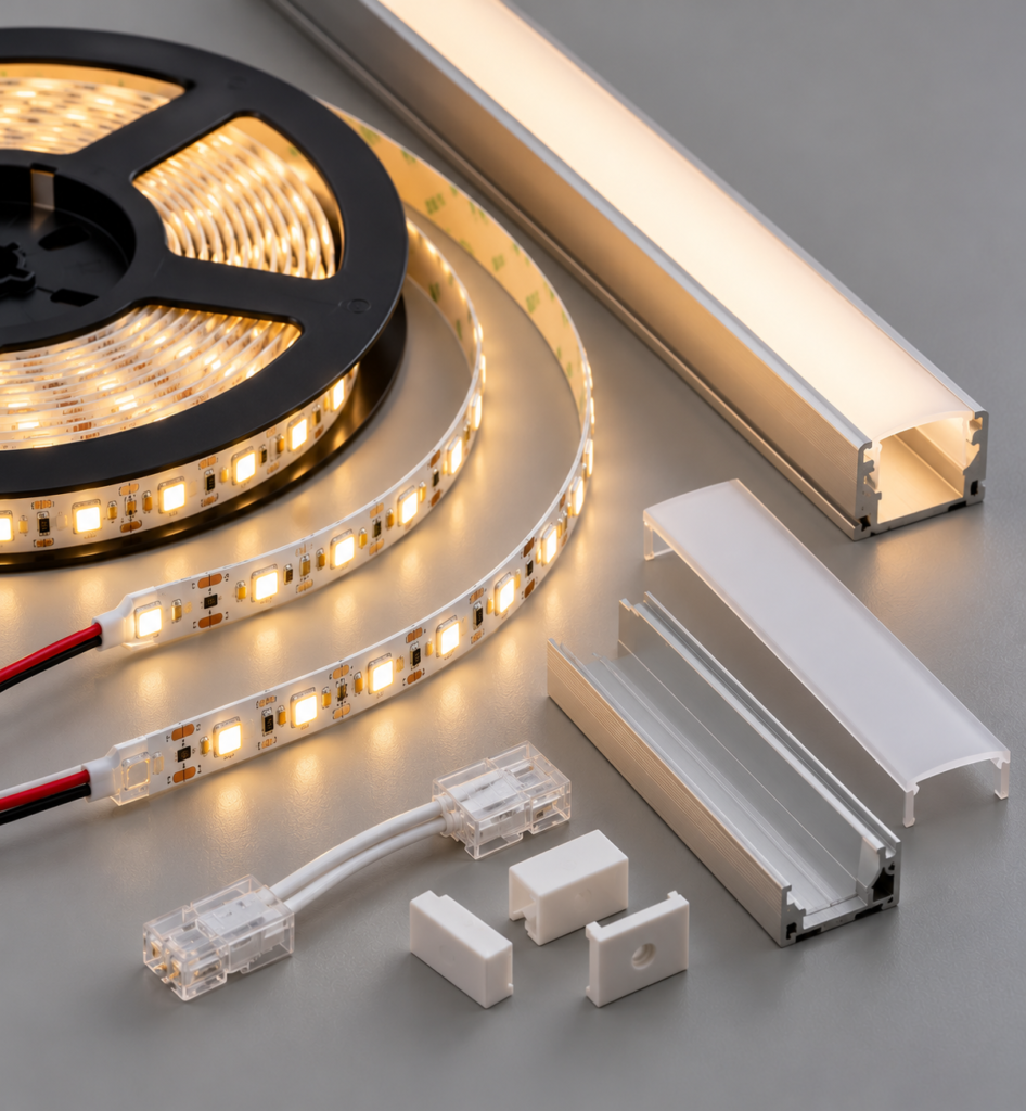 LED strip and aluminum profile samples arranged for product selection