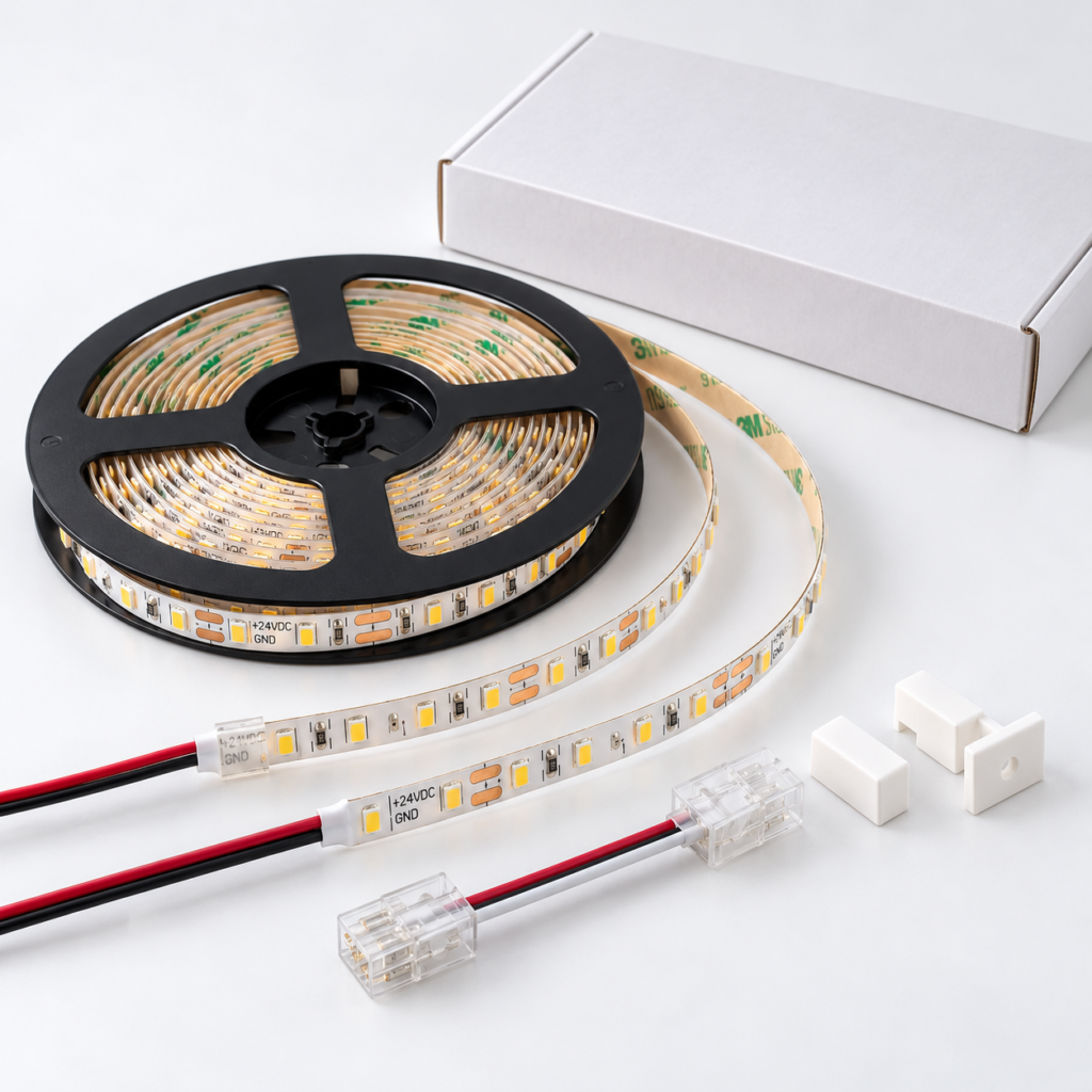 LED strip samples with lead wires, connectors and packaging options