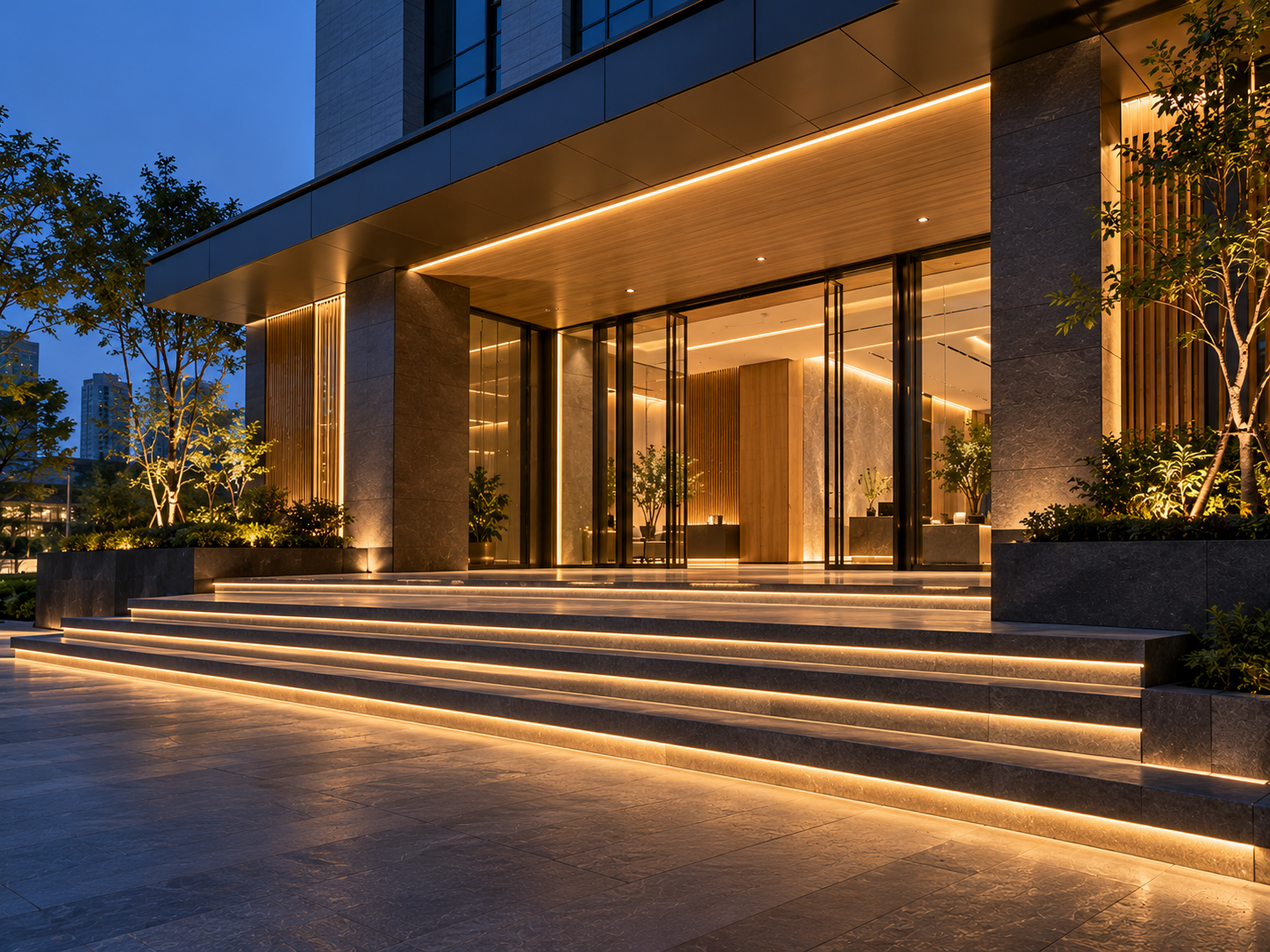 Illustration of concealed linear lighting at an outdoor building entrance