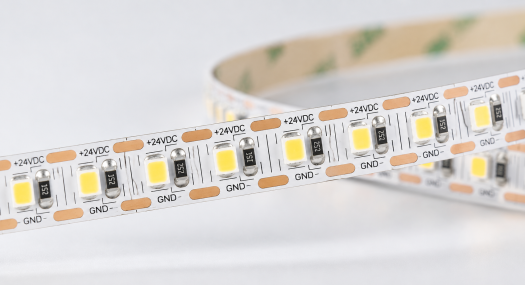 Close-up of an LED strip showing LED packages and cutting contacts
