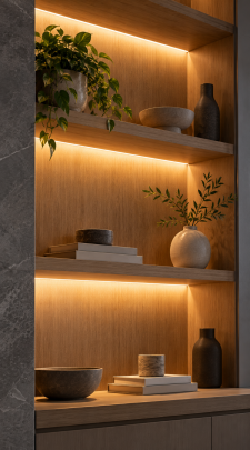 Illustration of LED strip lighting inside a display cabinet
