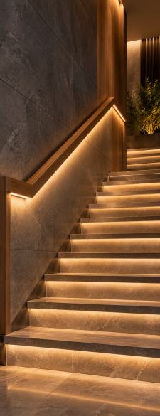 Illustration of integrated lighting along a stair handrail